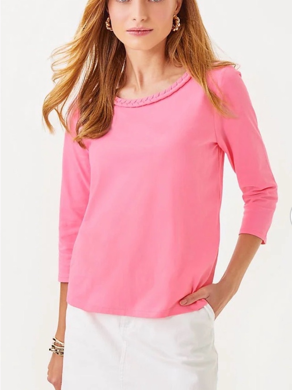 Lilly Pulitzer Paulson Knit Top Pink Long-Sleeve Top with Braided Neckline